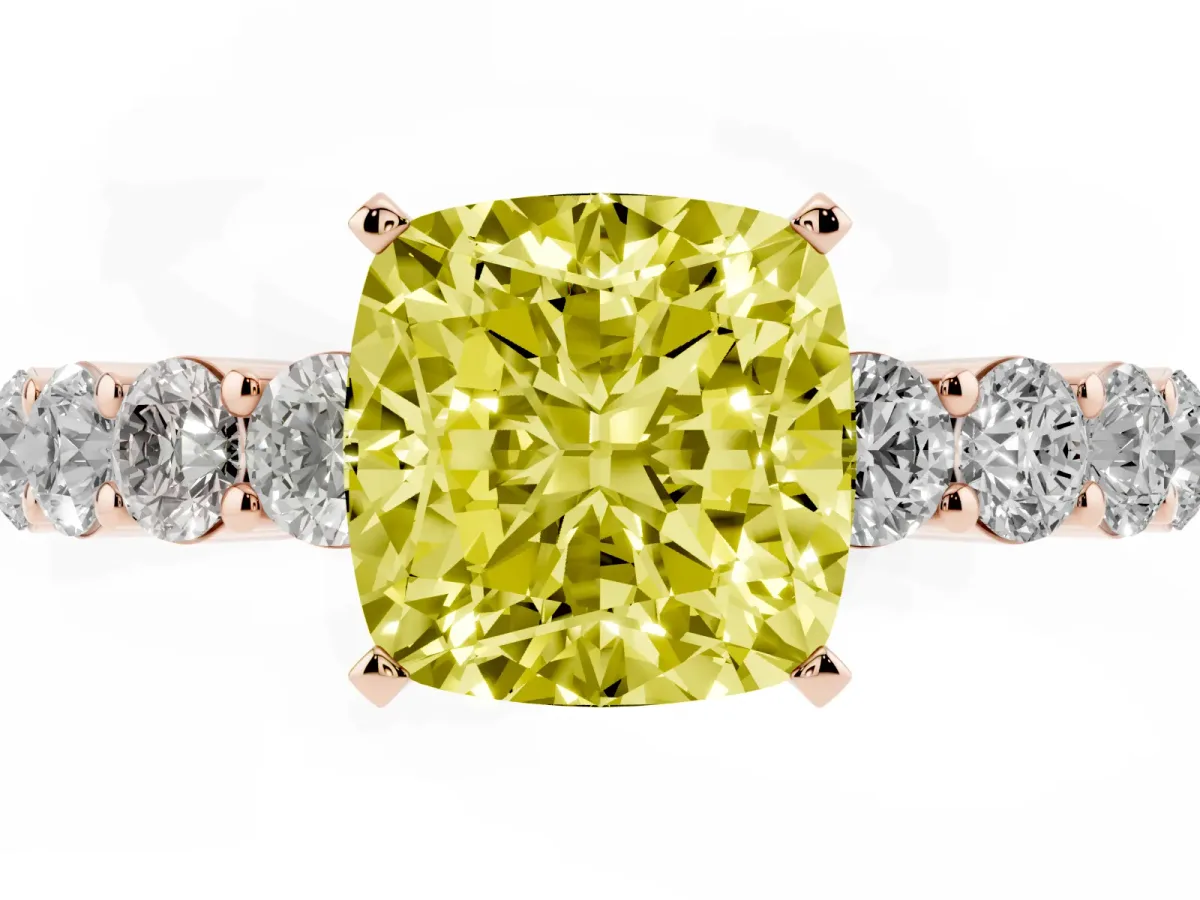 Fancy Yellow Cushion Cut Diamond Solitaire Ring with Shared Prong Round Side Stones Rose gold