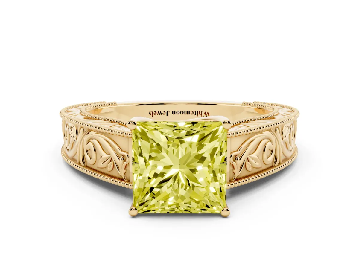Fancy Yellow Princess Cut Diamond Solitaire Ring with Engraved Band and Four-Prong Setting Yellow gold