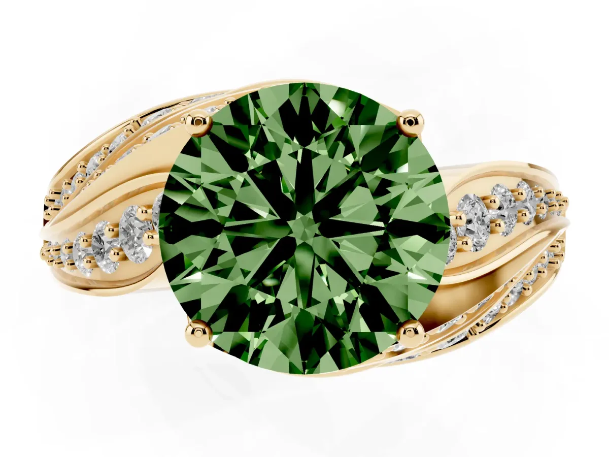 Fancy Green Round Cut Diamond Solitaire Ring with Prong Setting and Twisted Pavé Band Yellow gold