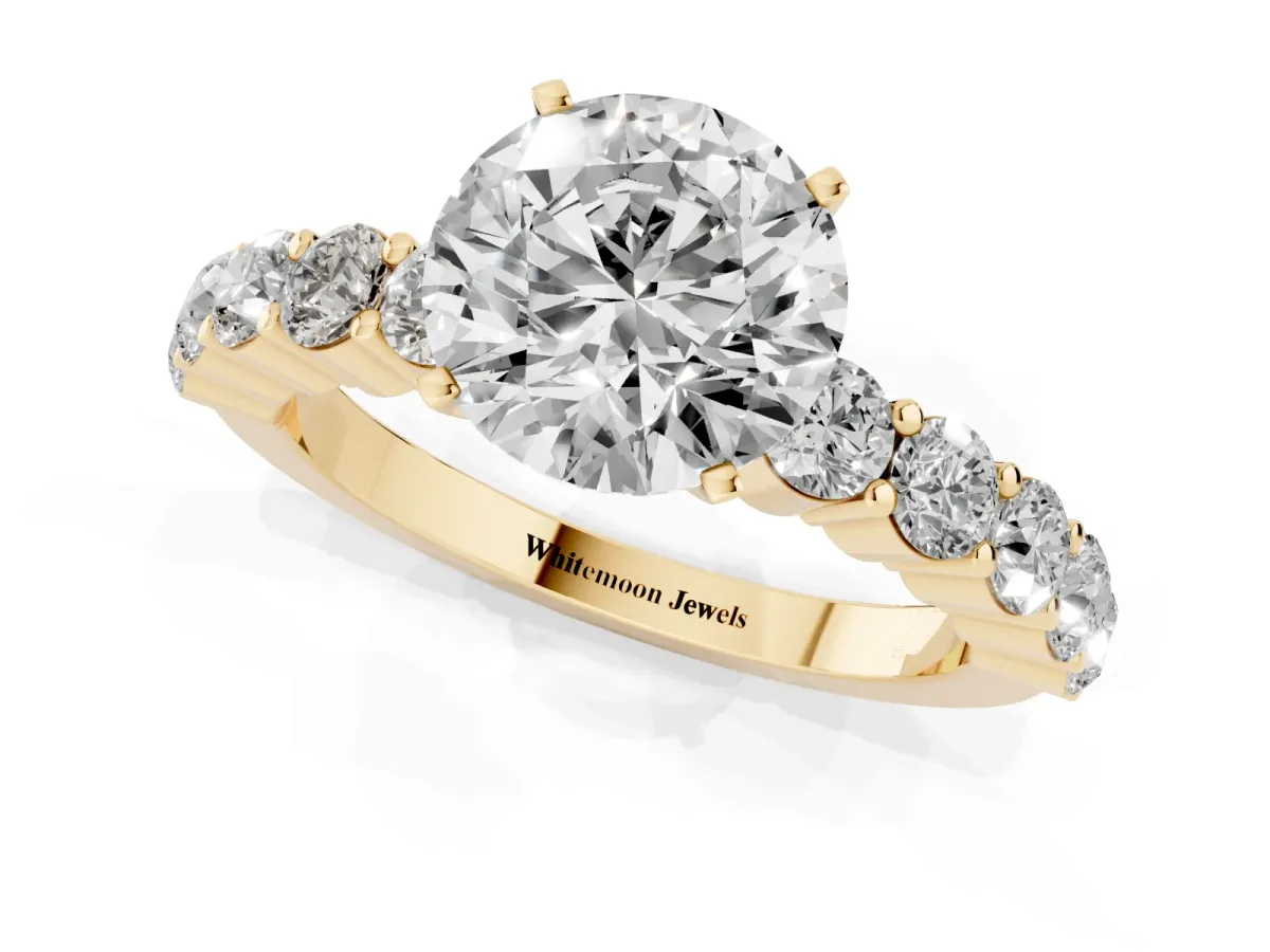 Round Cut Diamond Solitaire Ring with Shared Prong Round Side Stones Yellow gold