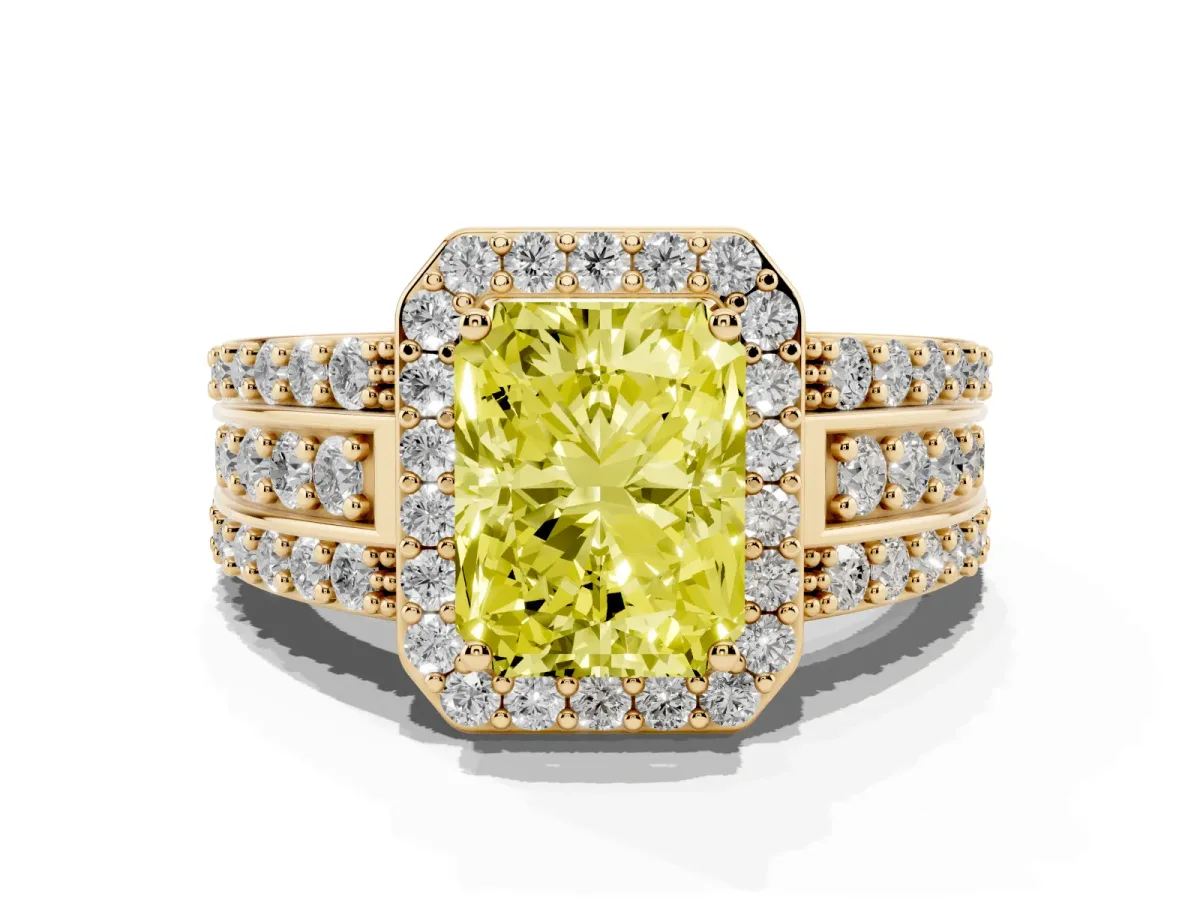 Fancy Yellow Radiant Cut Halo Diamond Ring with Round Split Shank and Prong Setting Yellow gold