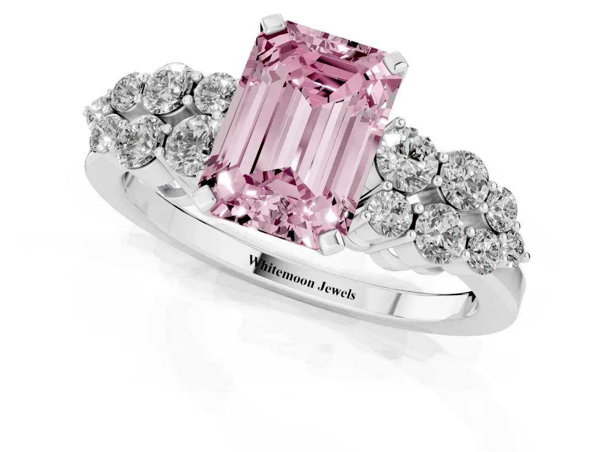 Fancy Pink Emerald Cut Cluster Diamond Engagement Ring with Pavé Band and Four-Prong Setting Silver