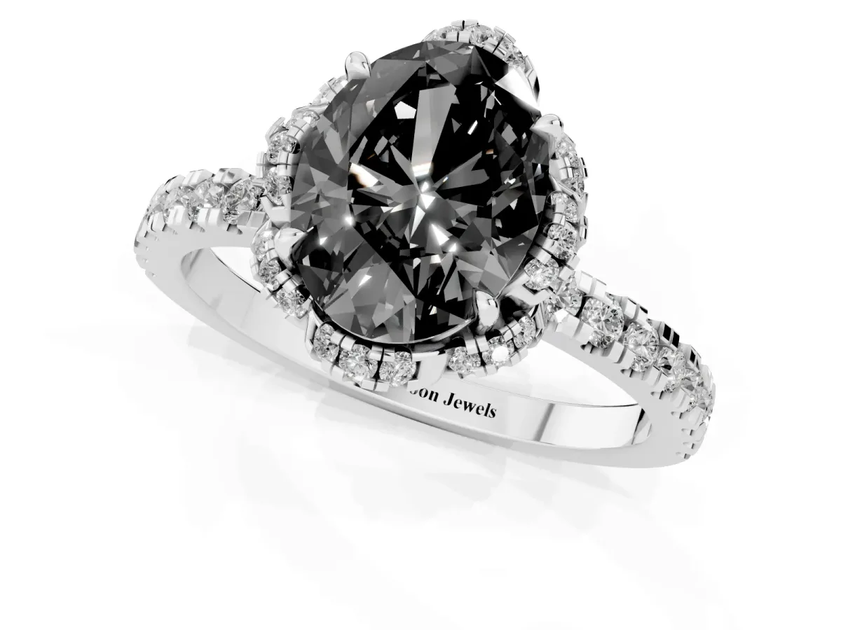 Fancy Black Oval Cut Diamond Halo Pave Band with Four-Prong Setting Silver