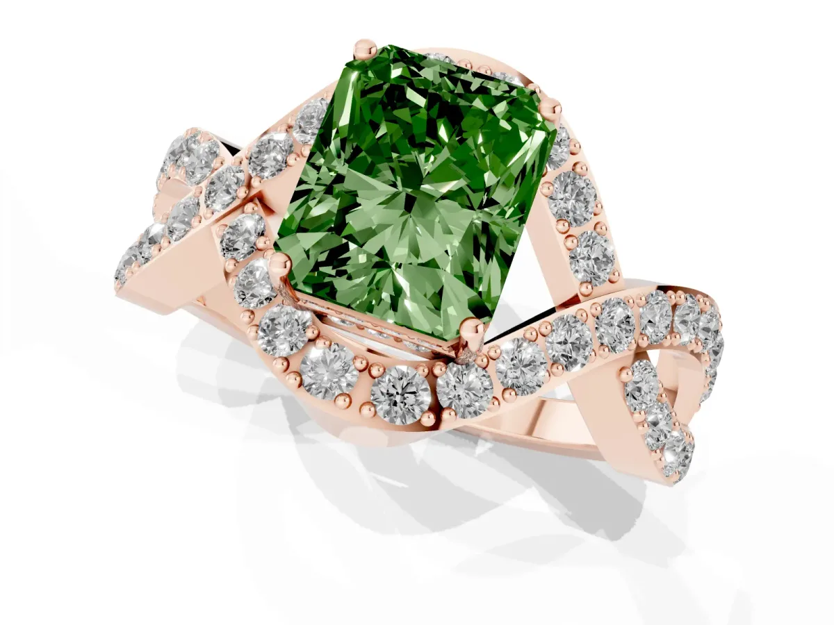 Fancy Green Radiant Cut Solitaire Twist Band Pavé Diamond Engagement Ring Rose gold