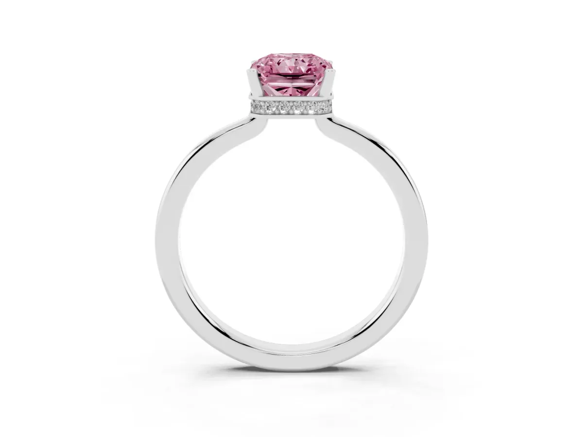 Fancy Pink Radiant Cut Cut Solitaire Engagement Ring with Four-Prong Setting on a Classic Band Silver