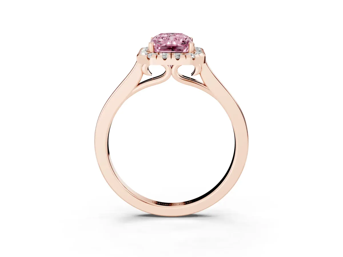 Fancy Pink Radiant Cut Halo Round Diamond Solitaire Ring with Pavé Band and Four-Prong Setting Rose gold