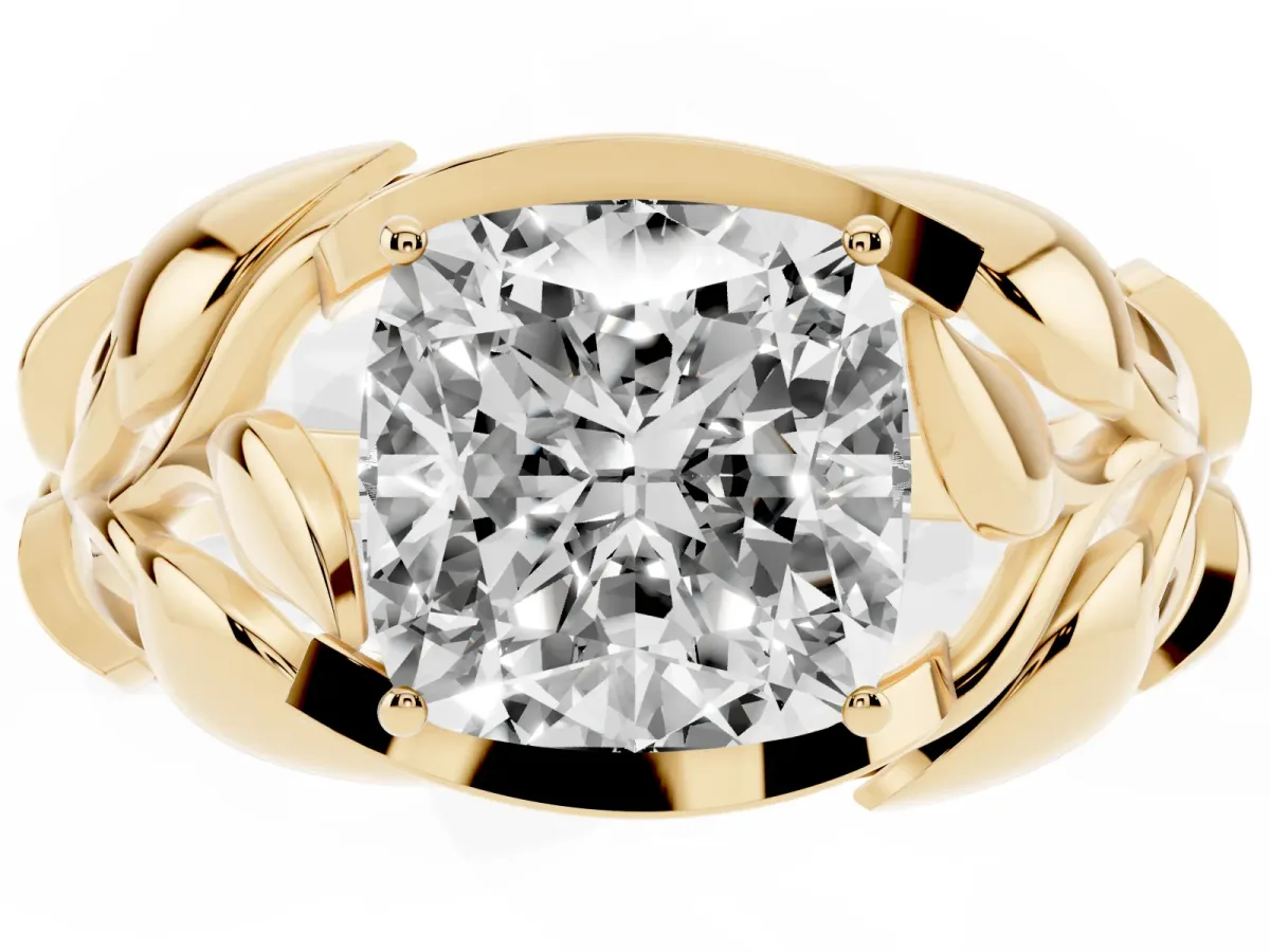 Cushion Cut Diamond Leaf-Inspired Engagement Ring with Round Accents and Prong Setting Yellow gold