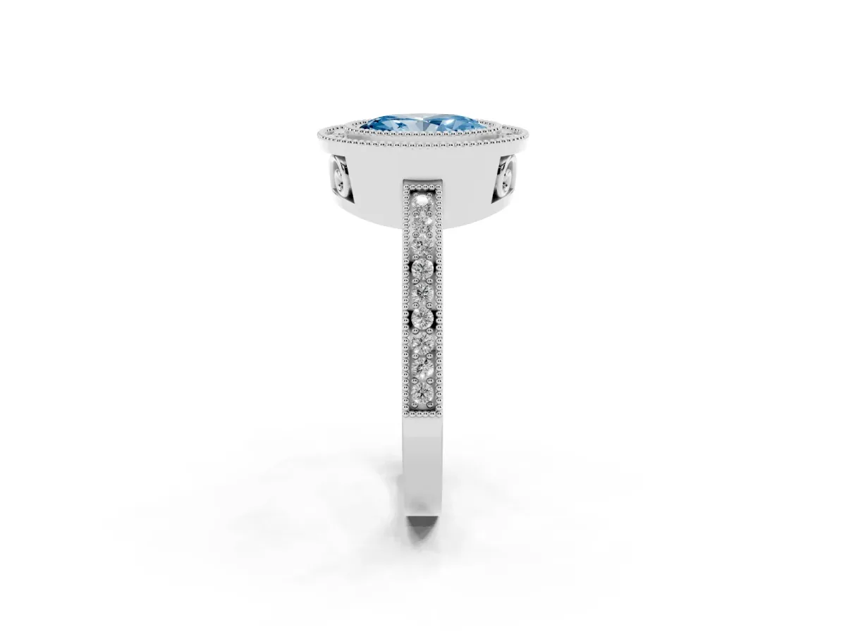 Fancy Blue Oval Cut Cut Halo Diamond Ring with Pavé Band and Milgrain Prong Setting Silver