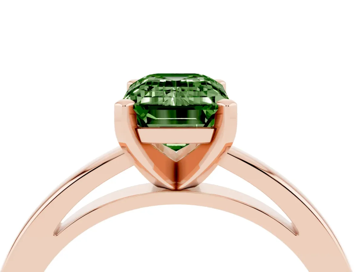 Fancy Green Emerald Cut Solitaire Diamond Engagement Ring with Four-Prong Setting on a Classic Band Rose gold