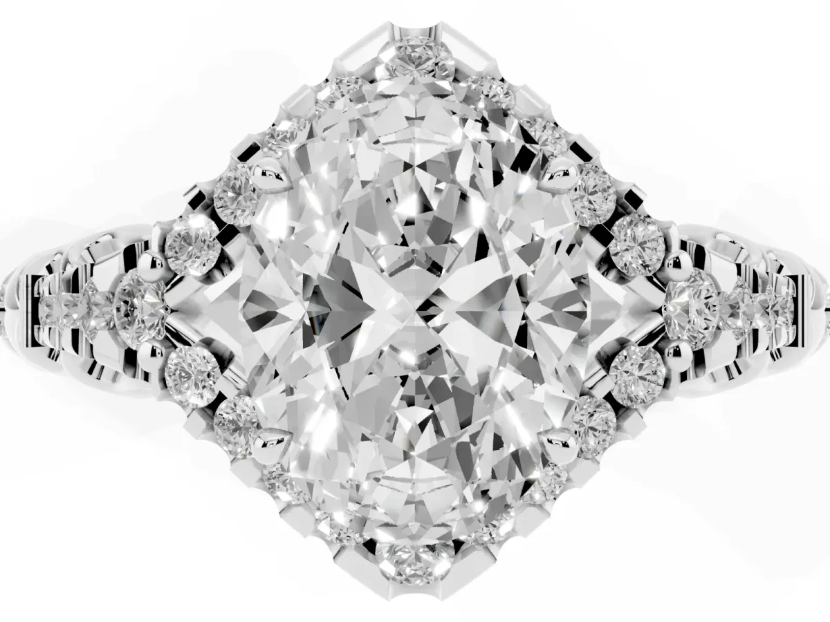 Oval Cut Diamond Solitaire Ring with Hidden Halo and Pavé Band Silver