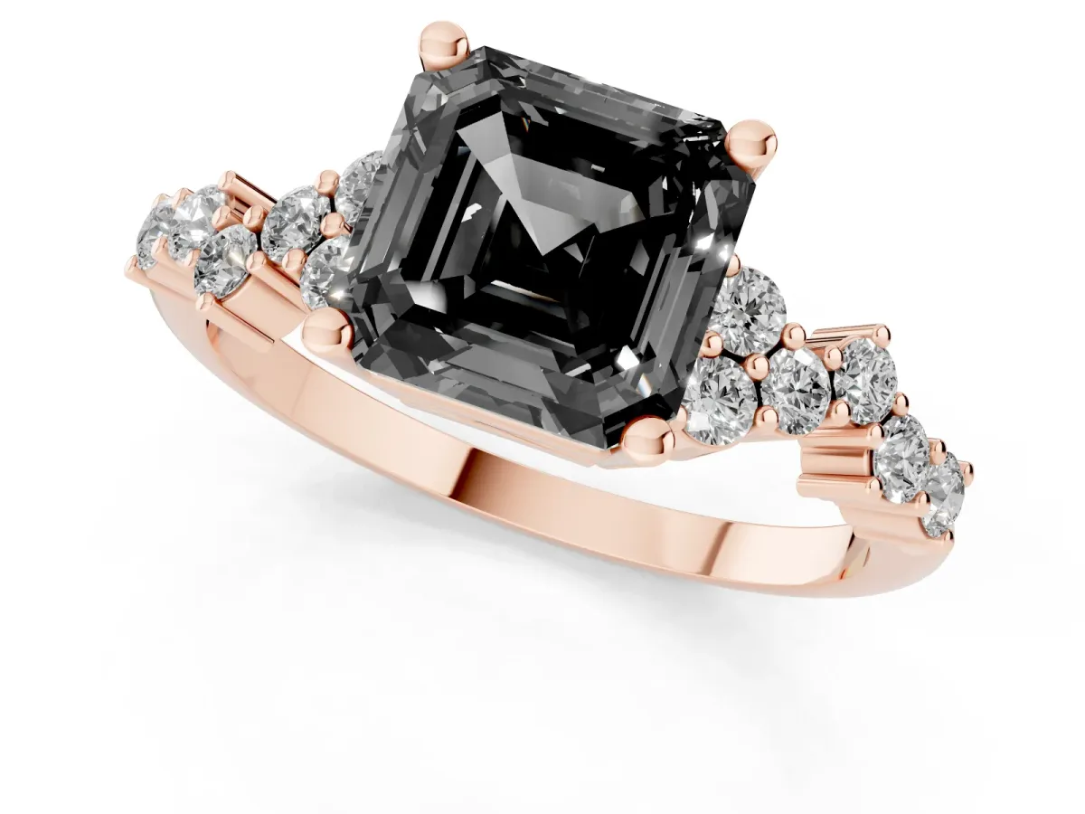 Fancy Black Asscher Cut Diamond Scattered Round Accent Ring with Prong Setting Rose gold