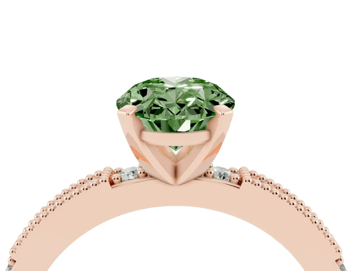 Fancy Green Oval Cut Solitaire with Pavé Band and Four-Prong Setting Rose gold