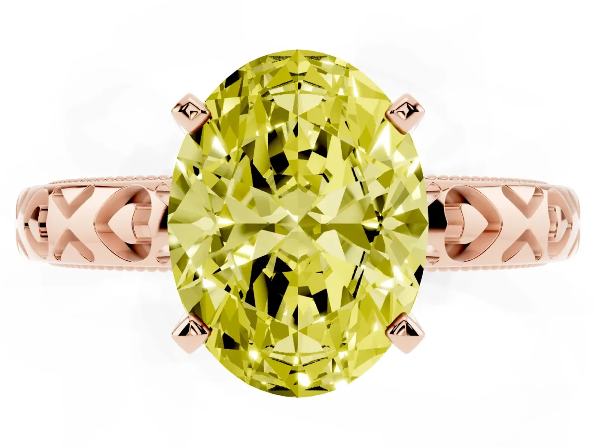 Fancy Yellow Oval Cut Solitaire Diamond Engagement Ring with XO Engraved Band and Four-Prong Setting Rose gold