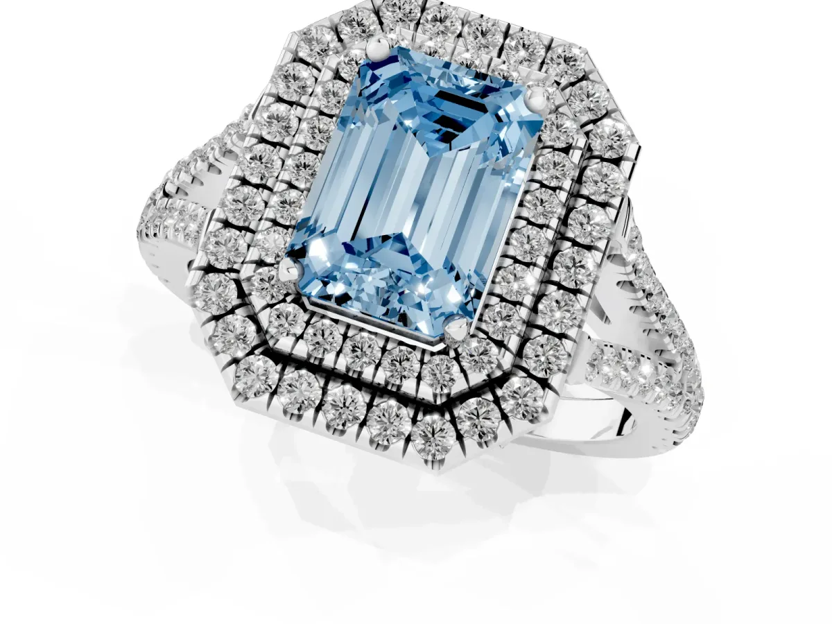 Fancy Blue Emerald Cut Diamond Double Halo Ring with Pavé Band and Prong Setting Silver