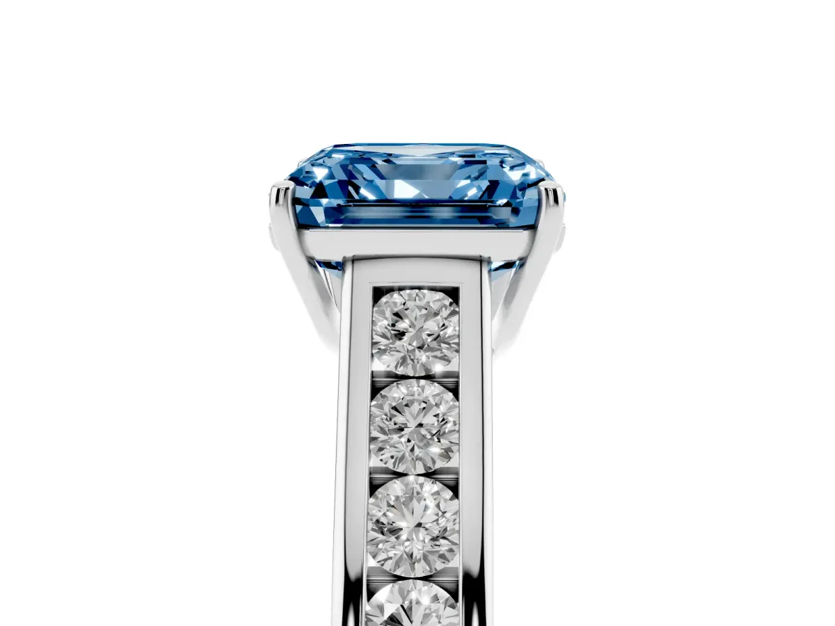Fancy Blue Asscher Cut Solitaire Channel-Set Diamond Engagement Ring with Four-Prong Setting Platinum