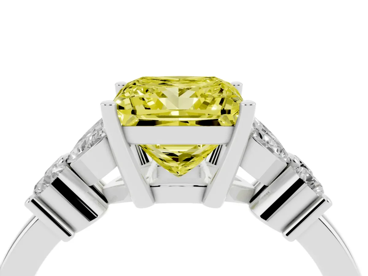 Fancy Yellow Princess Cut Diamond Floral Cluster Ring with Solitaire Band and Prong Setting Platinum