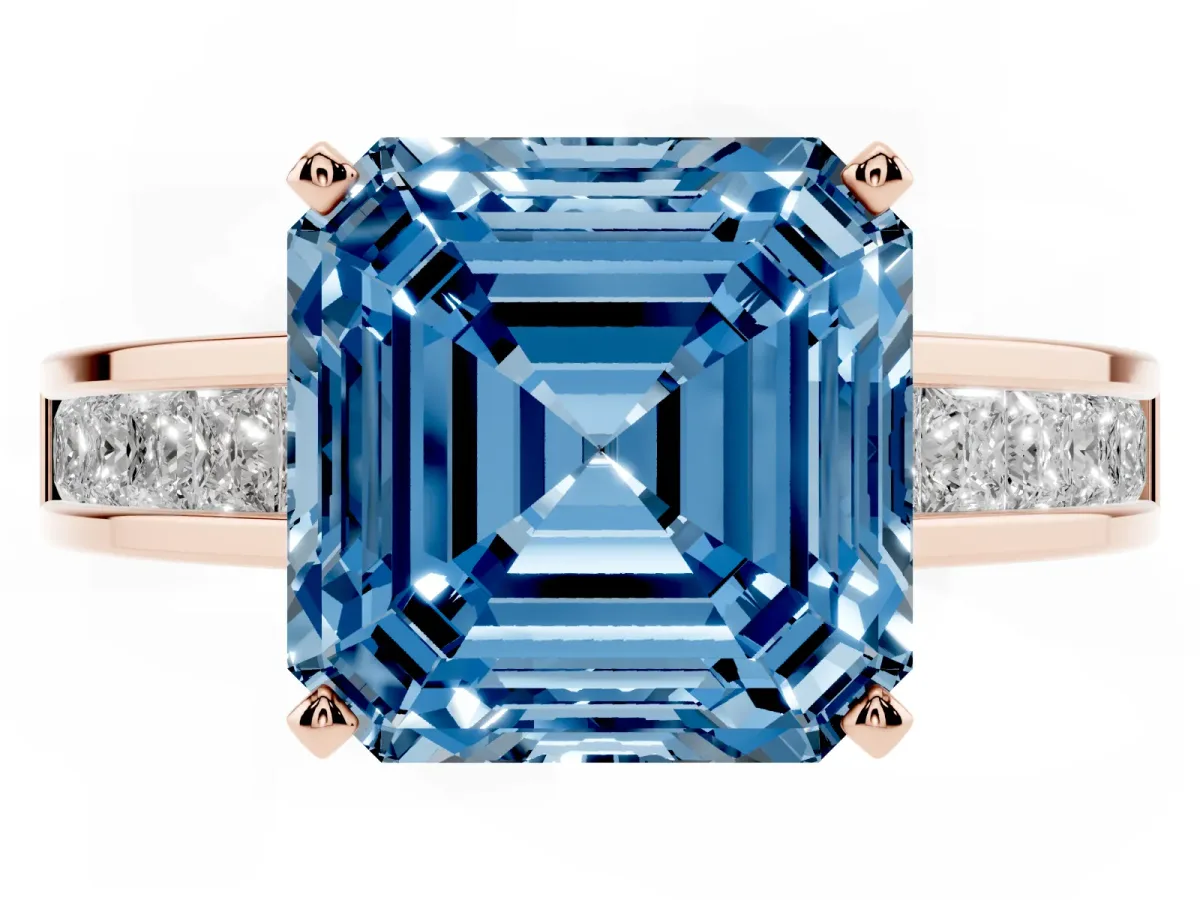 Fancy Blue Asscher Cut Solitaire Diamond Ring with Channel-Set Band and Four-Prong Setting Rose gold