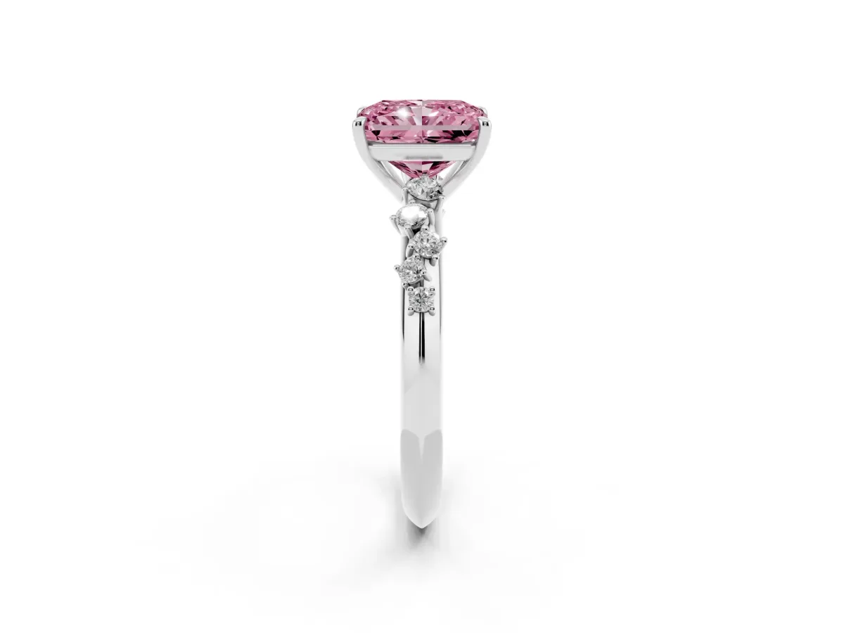Fancy Pink Radiant Cut Diamond Cluster Side Stone Solitaire Ring with Prong Setting Platinum