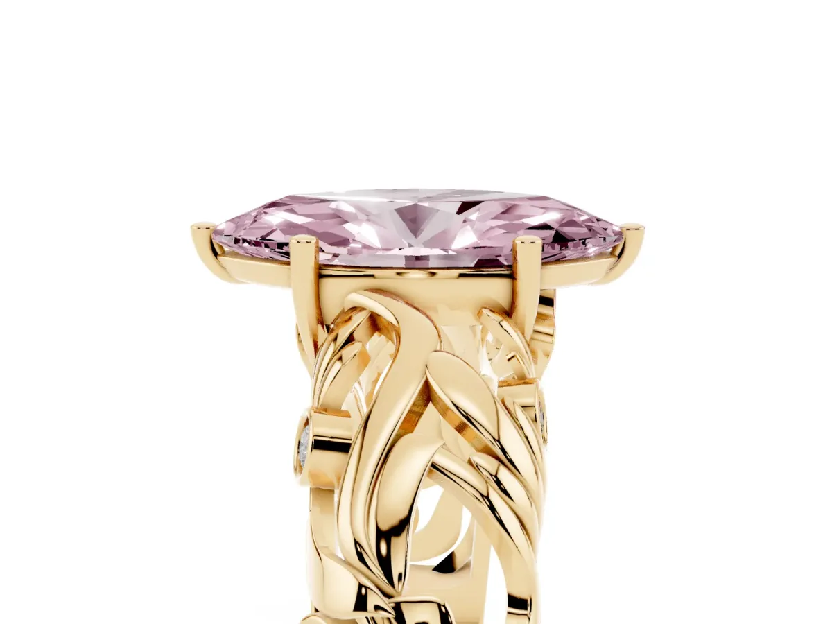 Fancy Pink Marquise Cut Solitaire Diamond Leaf-Inspired Vine Band Ring with Prong Setting Yellow gold