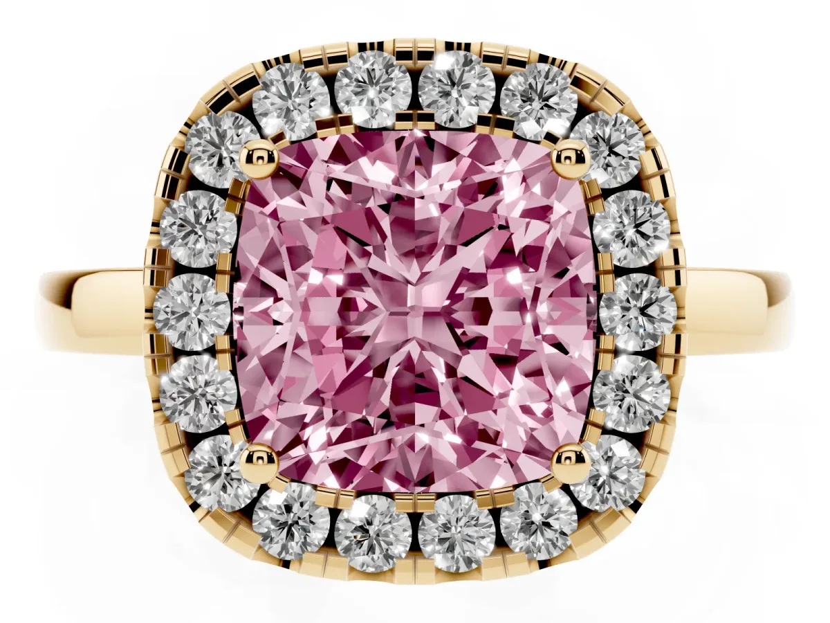 Fancy Pink Cushion Cut Halo Diamond Solitaire with Pavé Band and Four-Prong Setting Yellow gold