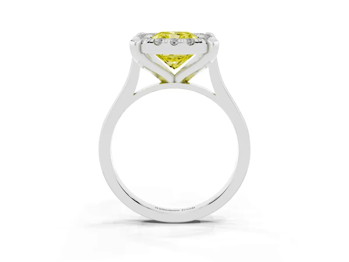 Fancy Yellow Cushion Cut Diamond Cluster Halo Solitaire with Four-Prong Setting Silver