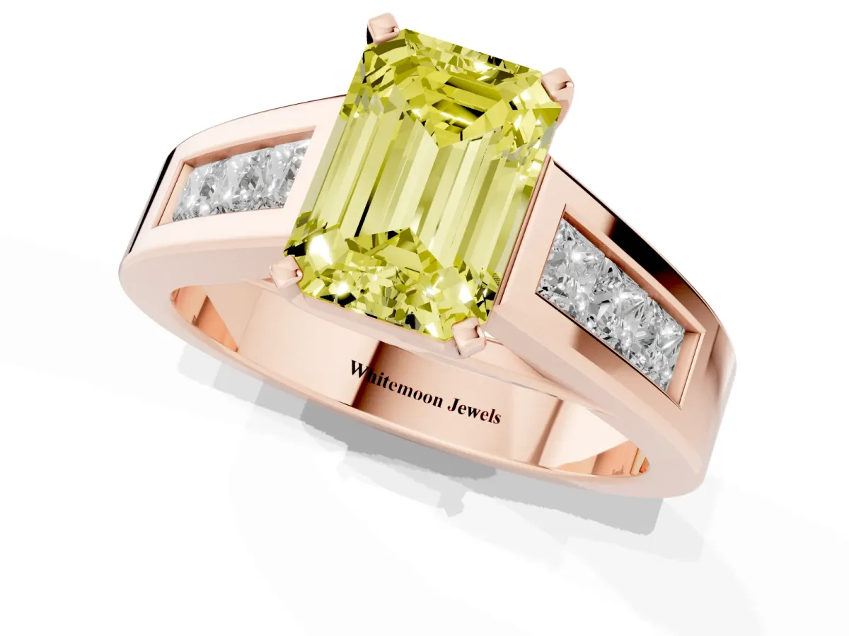 Fancy Yellow Emerald Cut Cut Channel Set Solitaire Ring with Four-Prong Setting Rose gold