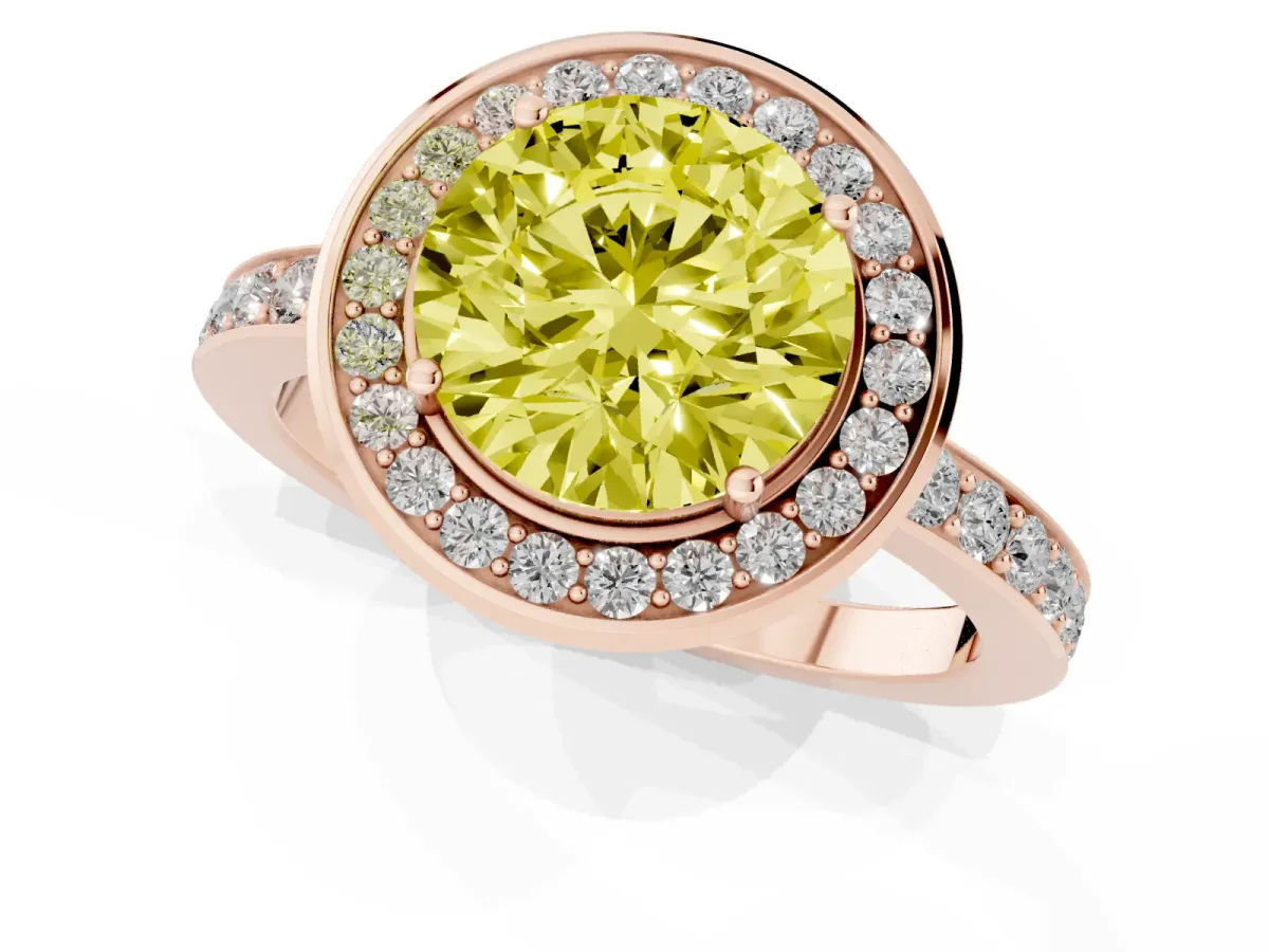Fancy Yellow Round Cut Diamond Halo Ring with Bezel Frame and Pavé Band Rose gold
