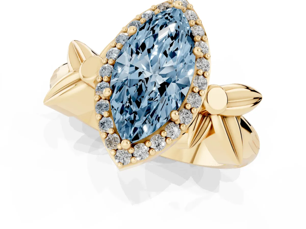 Fancy Blue Marquise Cut Halo Diamond Floral Band with Four-Prong Setting Yellow gold