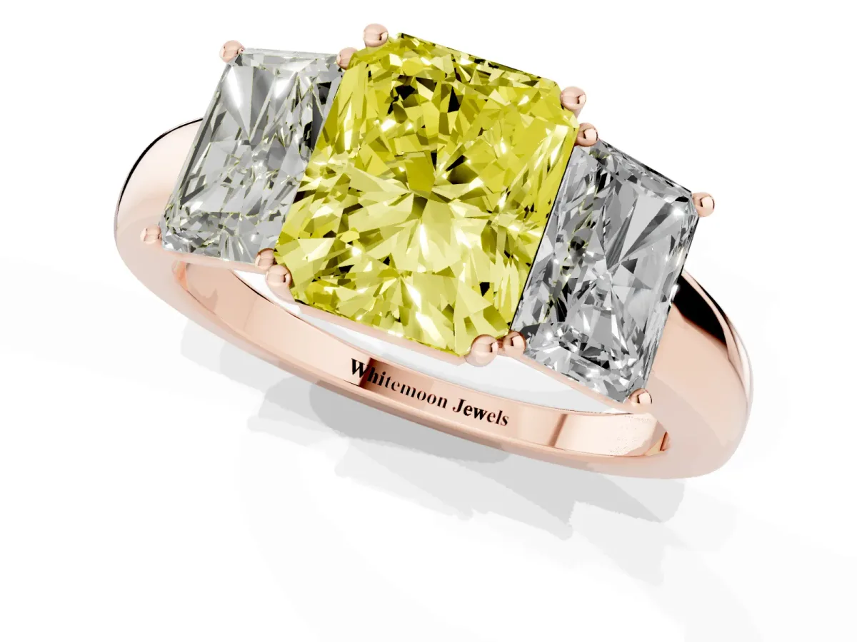 Fancy Yellow Radiant Cut Diamond Three-Stone Ring with Four-Prong Setting and Classic Band Rose gold