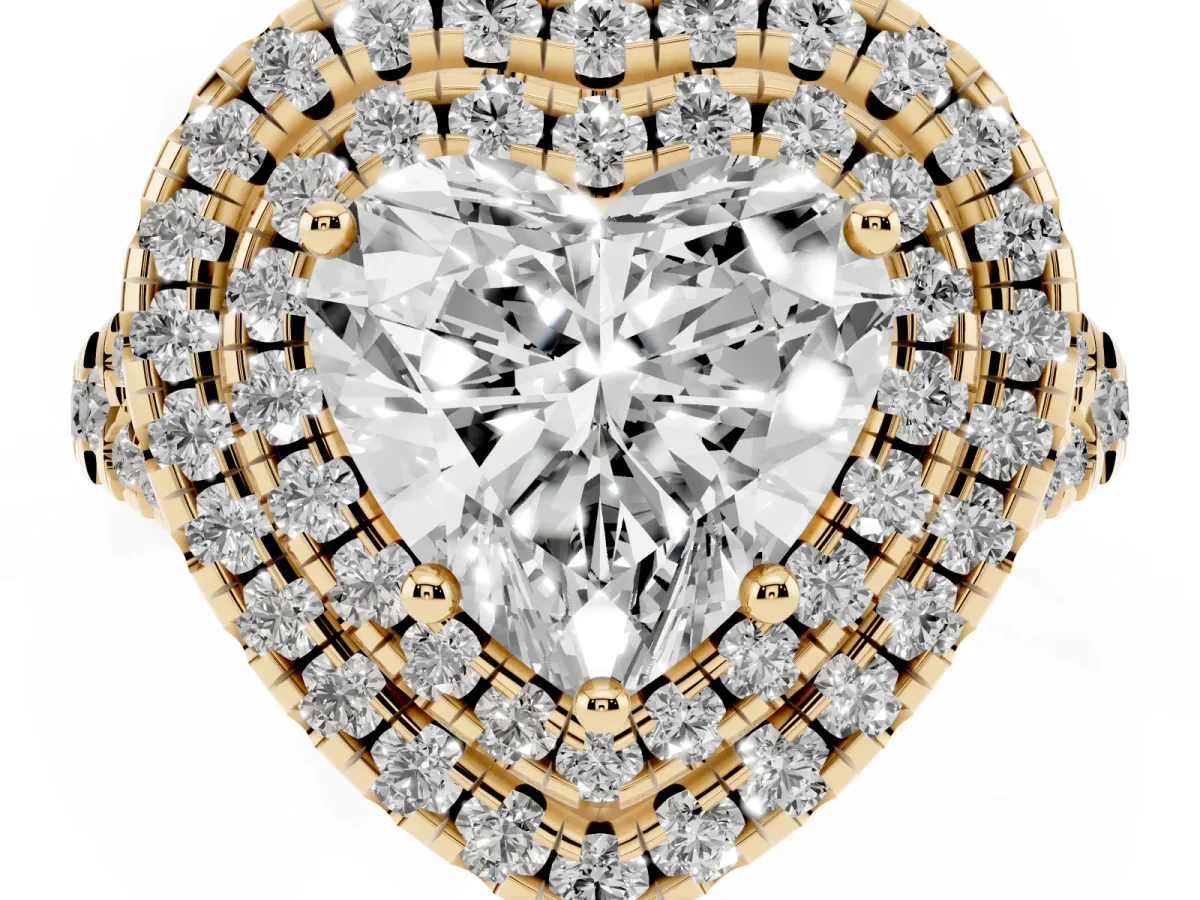 Double Halo Heart Cut Diamond Pavé Split Shank Ring with Prong Setting Yellow gold