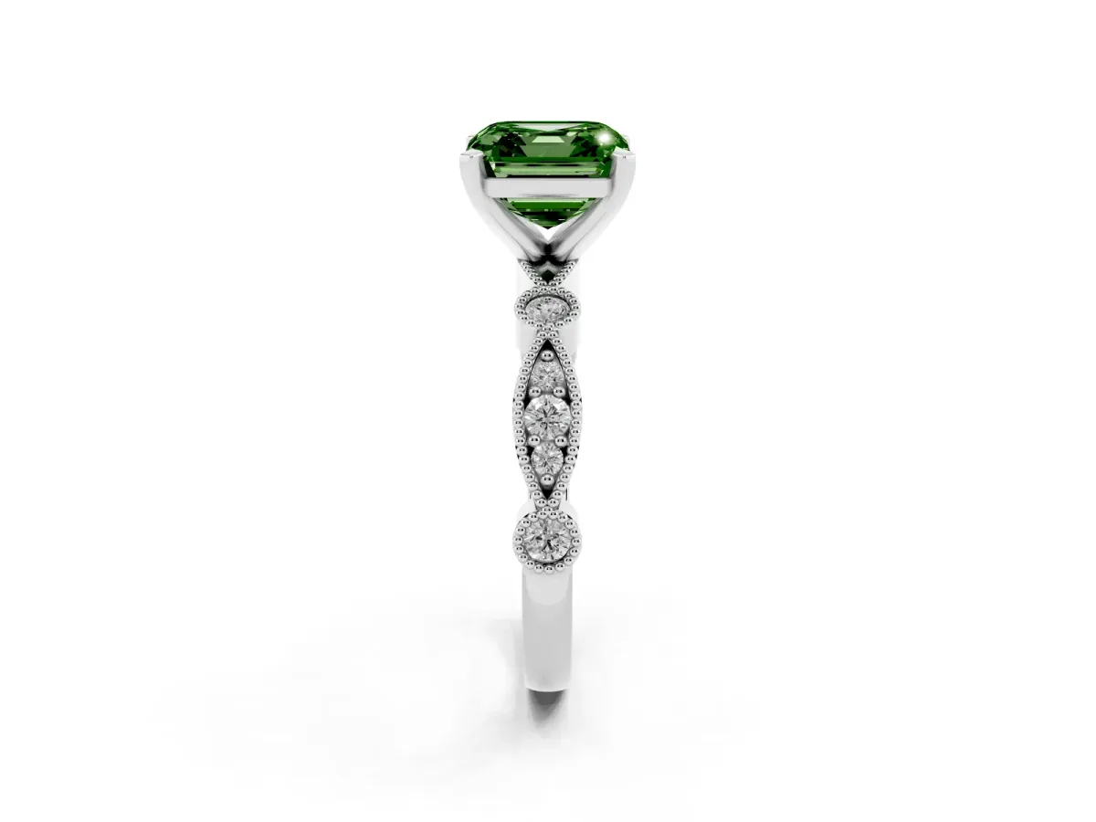 Fancy Green Asscher Cut Milgrain Bezel Diamond Engagement Ring with Solitaire Prong Setting Silver