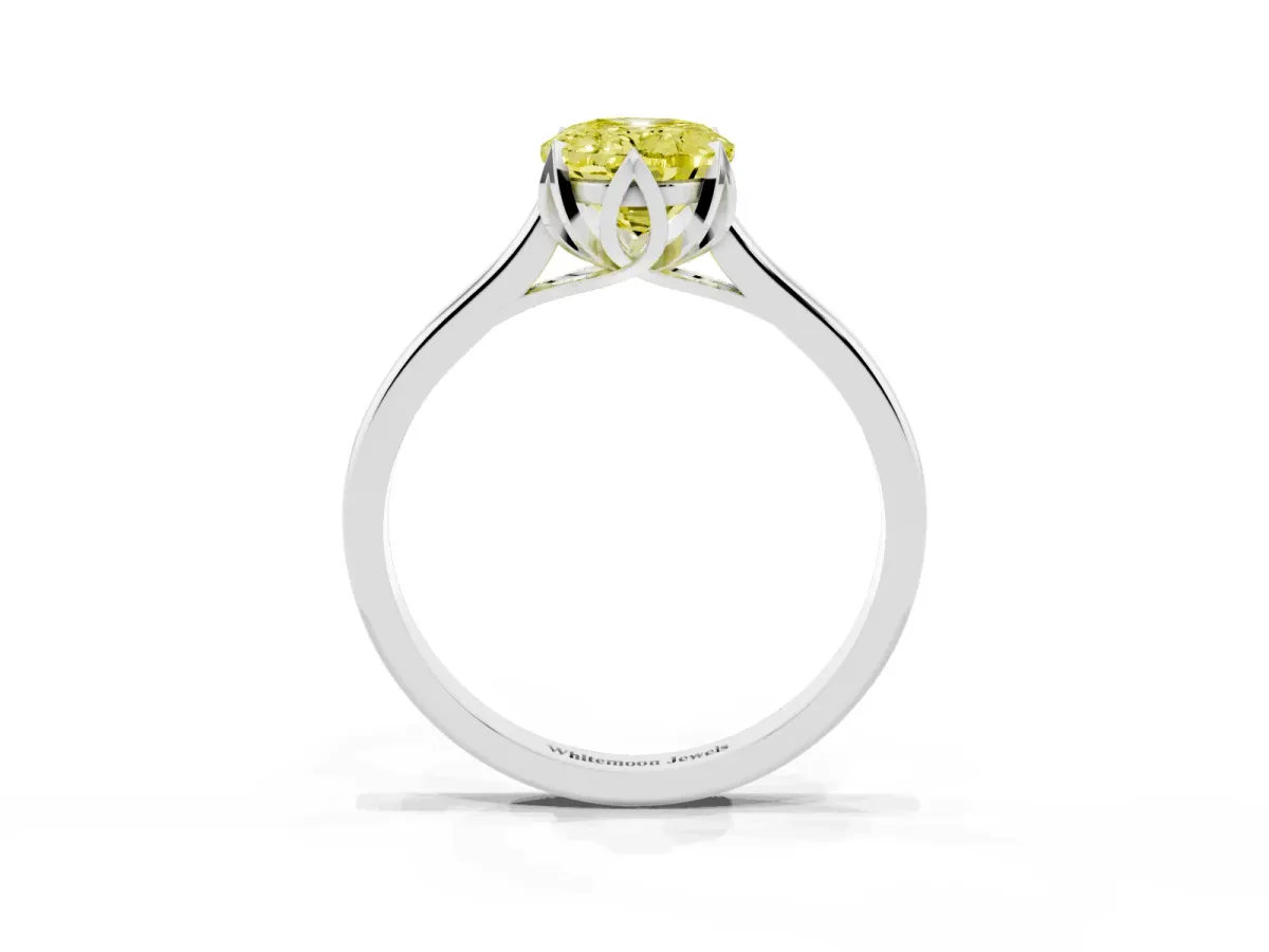Fancy Yellow Oval Cut Diamond Solitaire Ring with Flower Prong Setting and Classic Band Silver