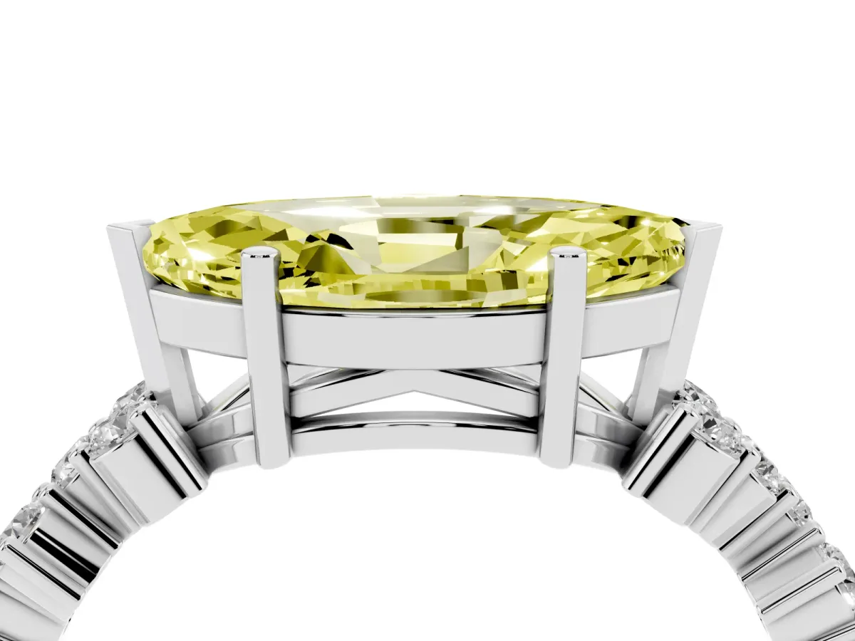 Fancy Yellow Marquise Cut Diamond Scattered Round Accent Ring with Prong Setting Silver