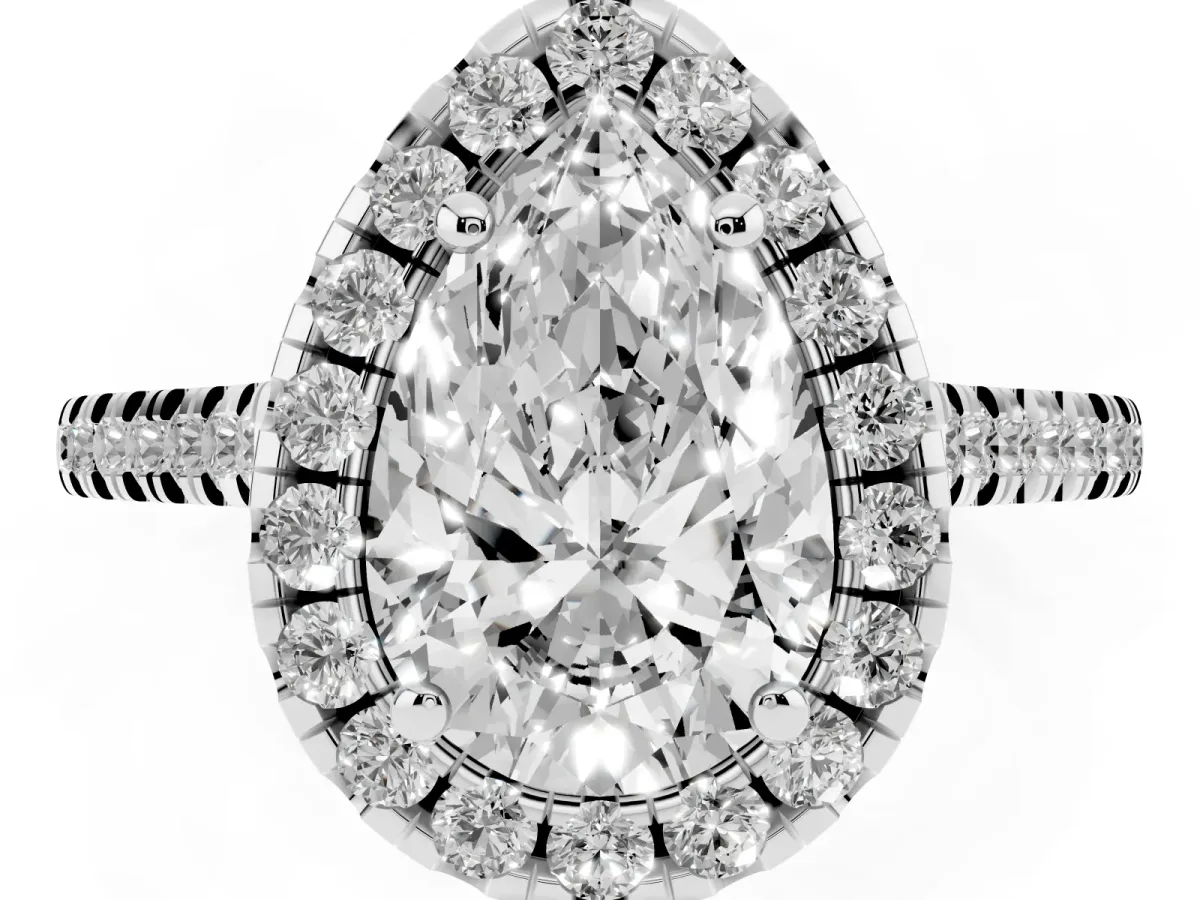 Pear Cut Diamond Cushion Halo Ring with Pavé Band Silver