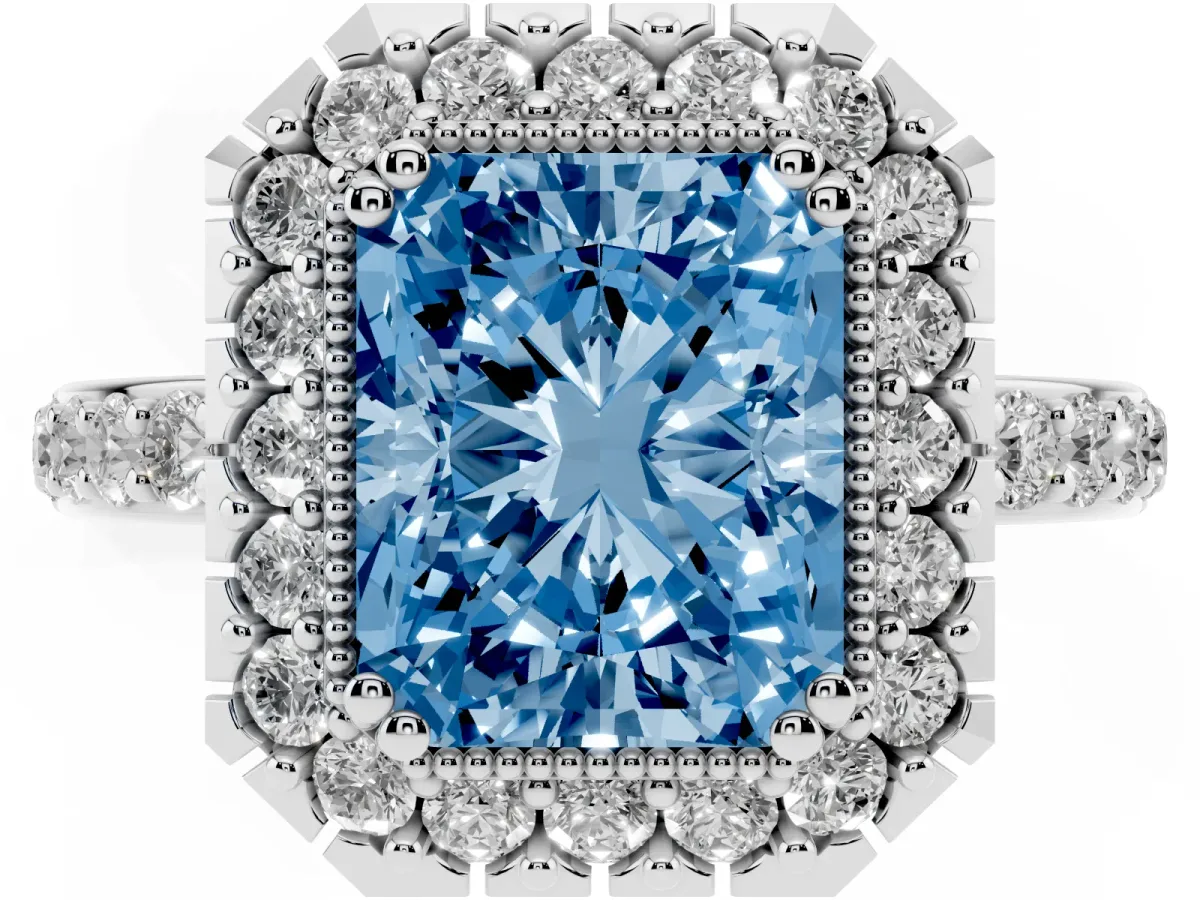 Fancy Blue Radiant Cut Diamond Halo Ring with Pavé Band and Prong Setting Platinum