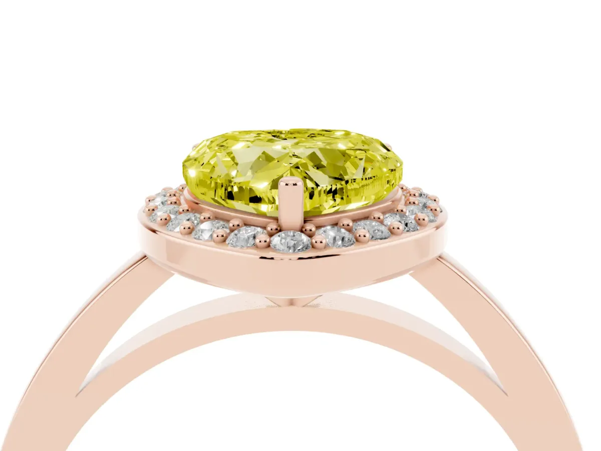 Fancy Yellow Heart Cut Halo Diamond Ring with Solitaire Band and Prong Setting Rose gold