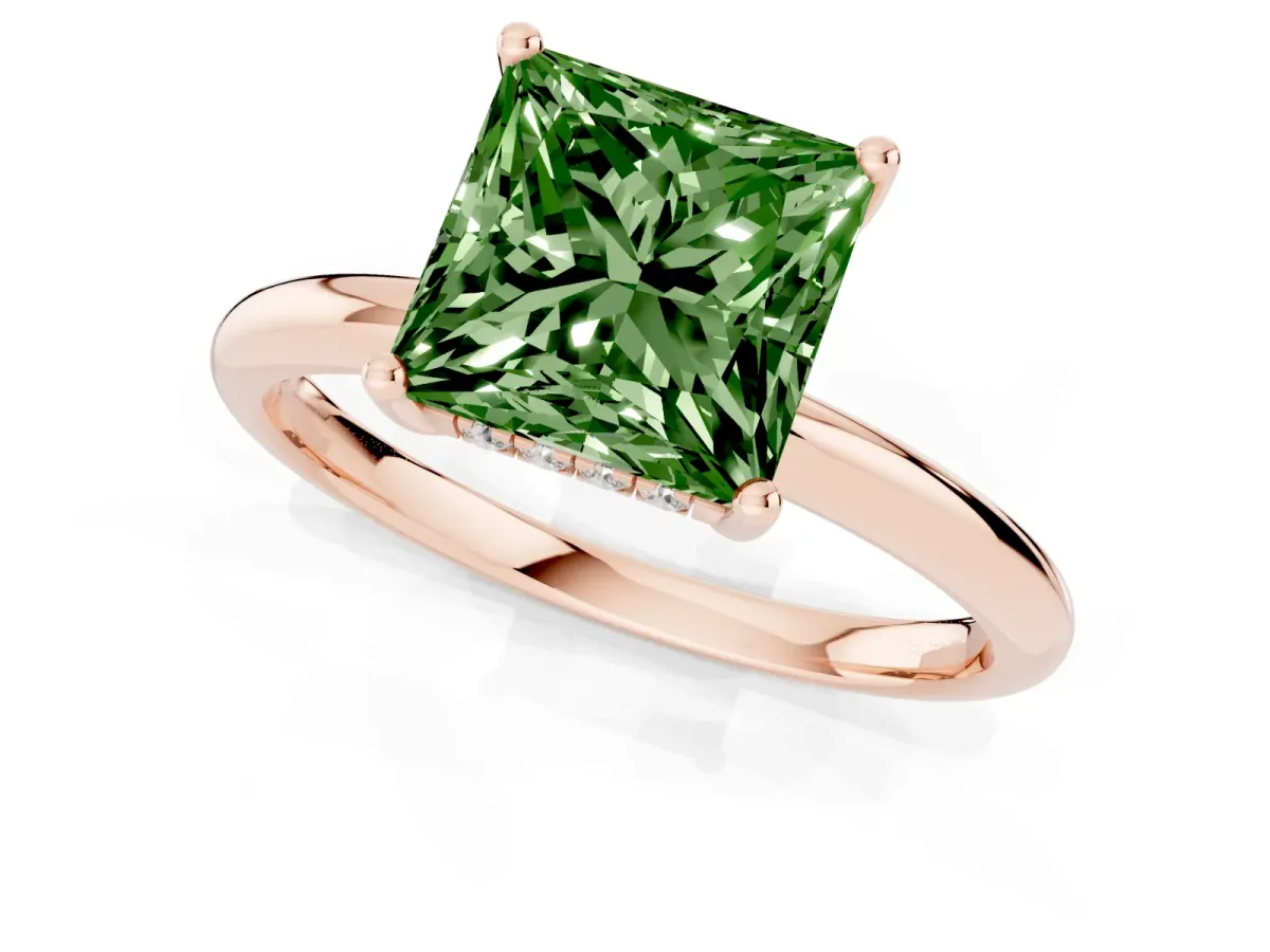 Fancy Green Princess Cut Cut Solitaire Engagement Ring with Four-Prong Setting and Classic Band Rose gold
