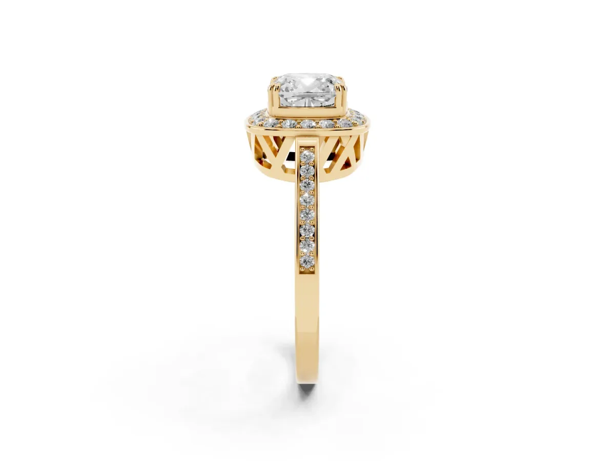 Cushion Cut Diamond Halo Ring with Split Shank and Four-Prong Setting Yellow gold