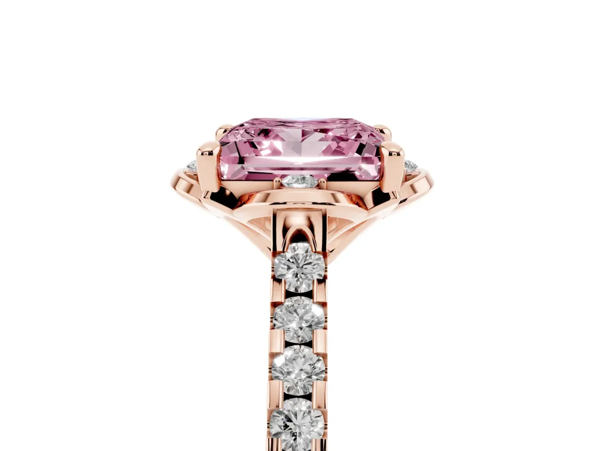 Fancy Pink Princess Cut Diamond Ring with Pavé Band and Floral Prong Setting Rose gold