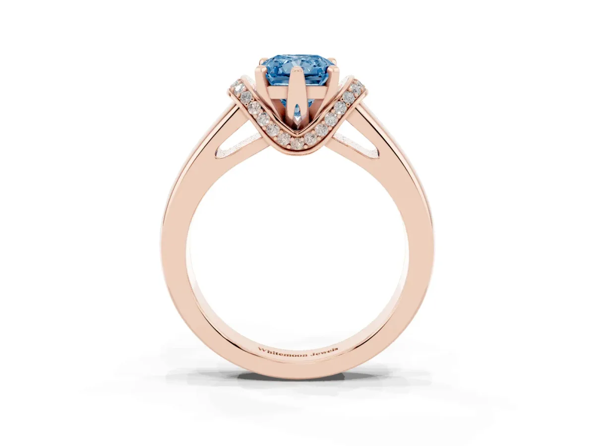 Fancy Blue Radiant Cut Solitaire Diamond Ring with Pave Band and Six-Prong Setting Rose gold