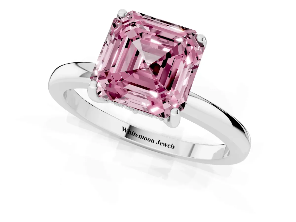 Fancy Pink Asscher Cut Solitaire Diamond Ring with Prong Setting and Plain Band White gold