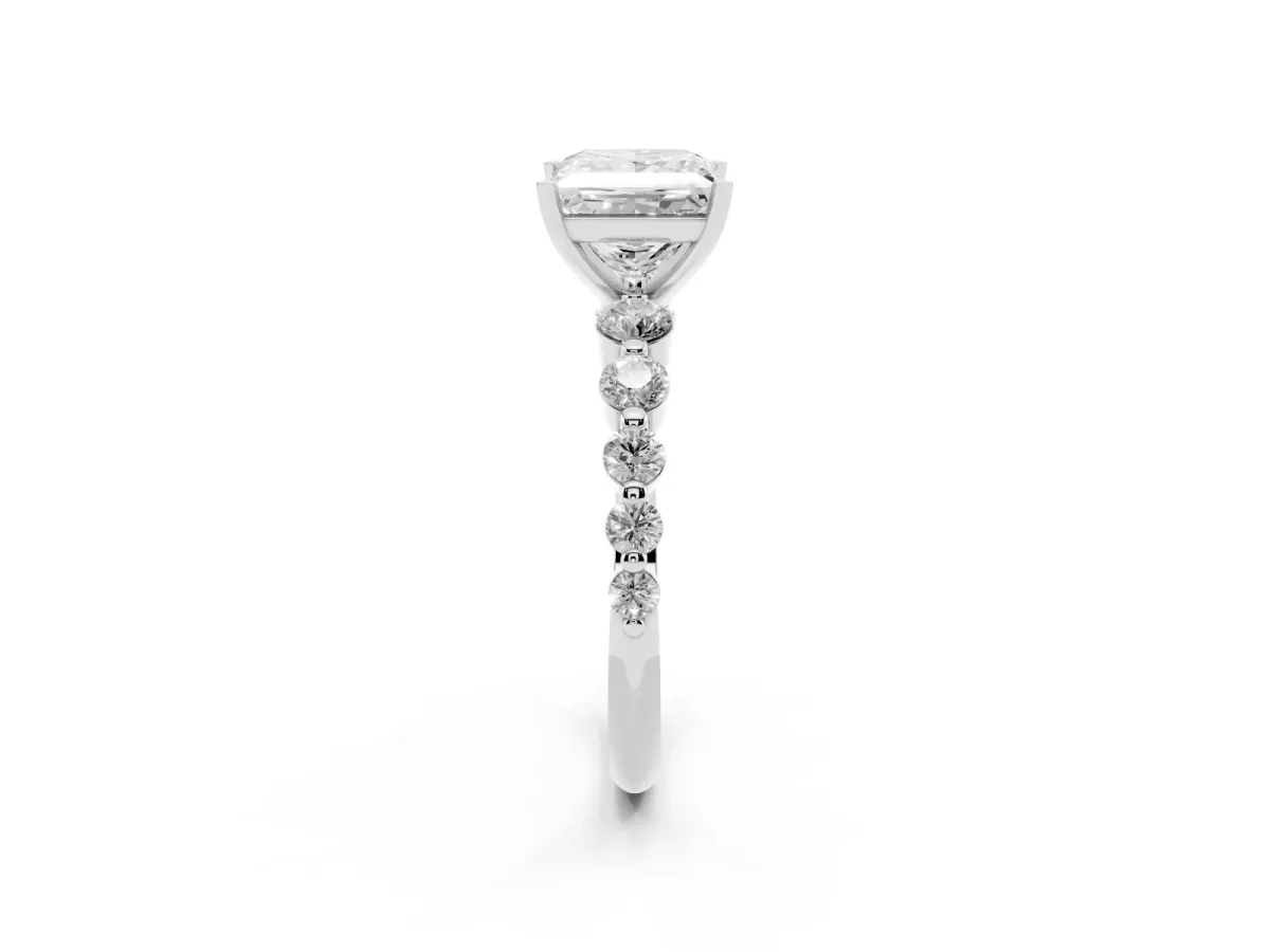 Princess Cut Solitaire Diamond Ring with Pave Band and Four-Prong Setting Silver