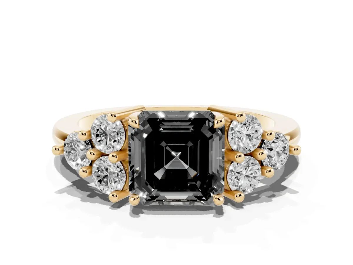 Fancy Black Asscher Cut Brilliant Diamond Cluster Accent Solitaire Ring with Prong Setting Yellow gold