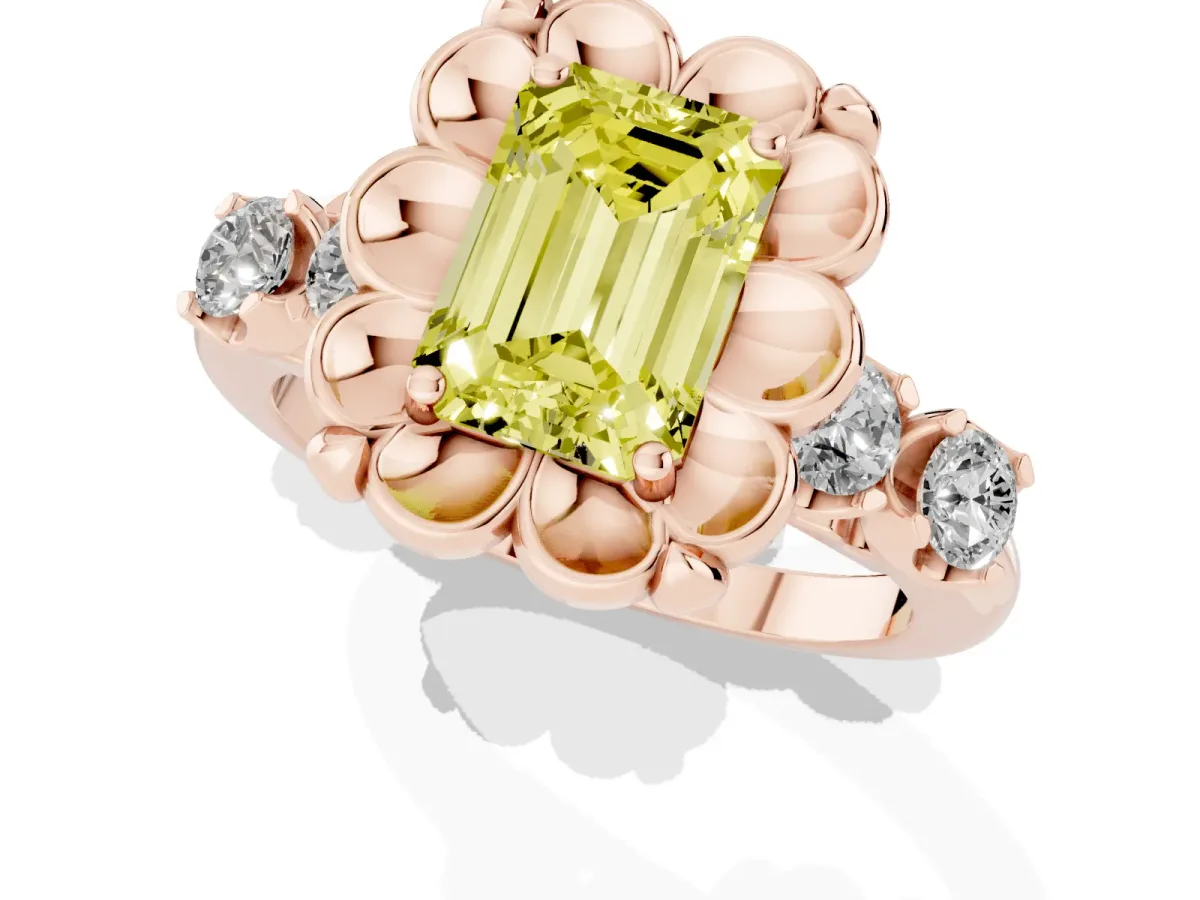 Fancy Yellow Emerald Cut Cut Diamond Floral Halo Engagement Ring with Shared Prong Setting Rose gold