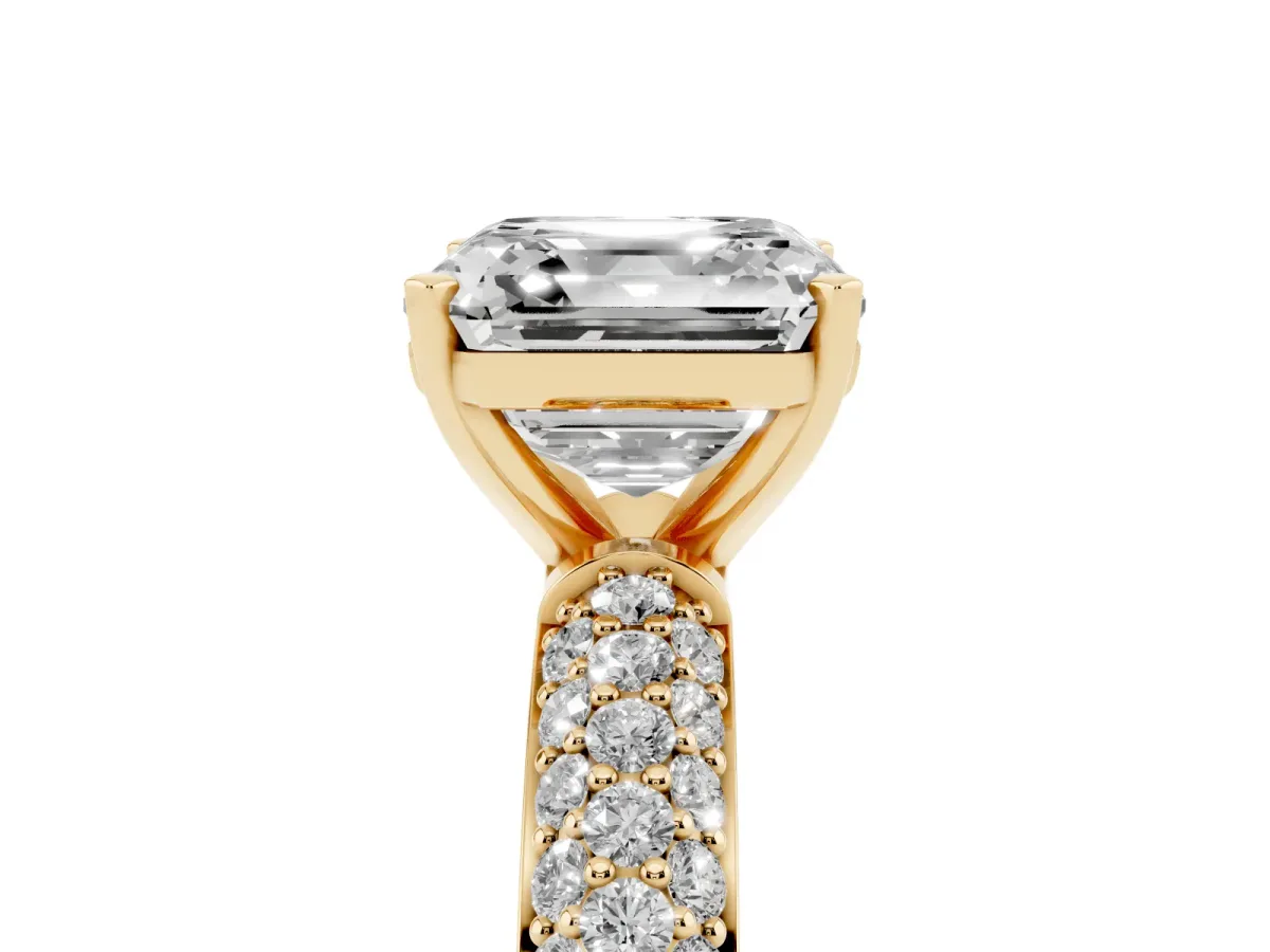 Asscher Cut Diamond Solitaire Ring with Prong Setting and Pavé Band Yellow gold