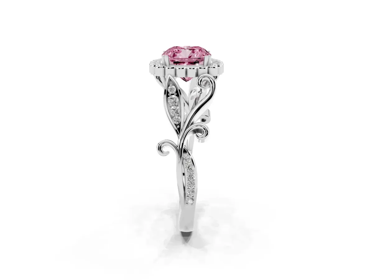 Fancy Pink Cushion Cut Diamond Halo Ring with Vintage Split Shank and Four-Prong Setting Silver