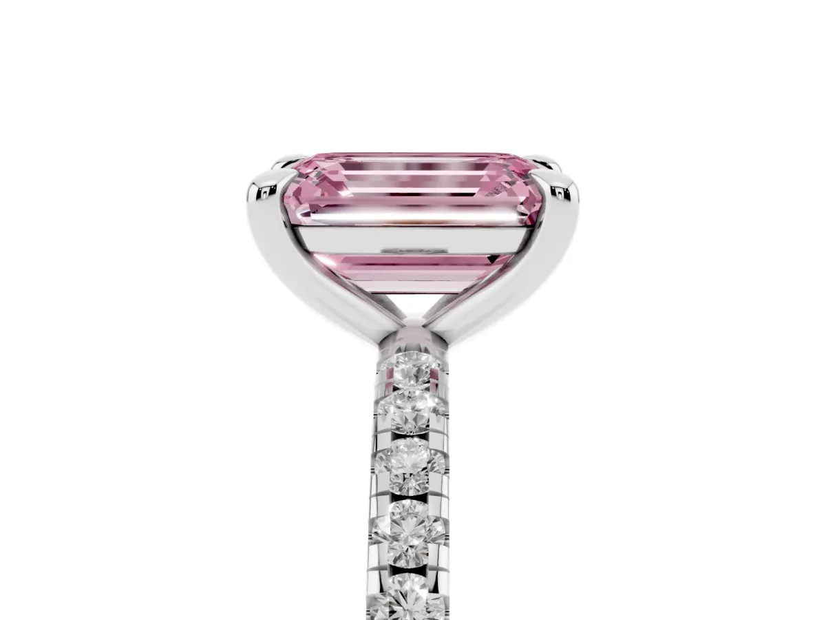 Fancy Pink Emerald Cut Diamond Brilliant Solitaire Ring with Pavé Band and Four-Prong Setting Silver
