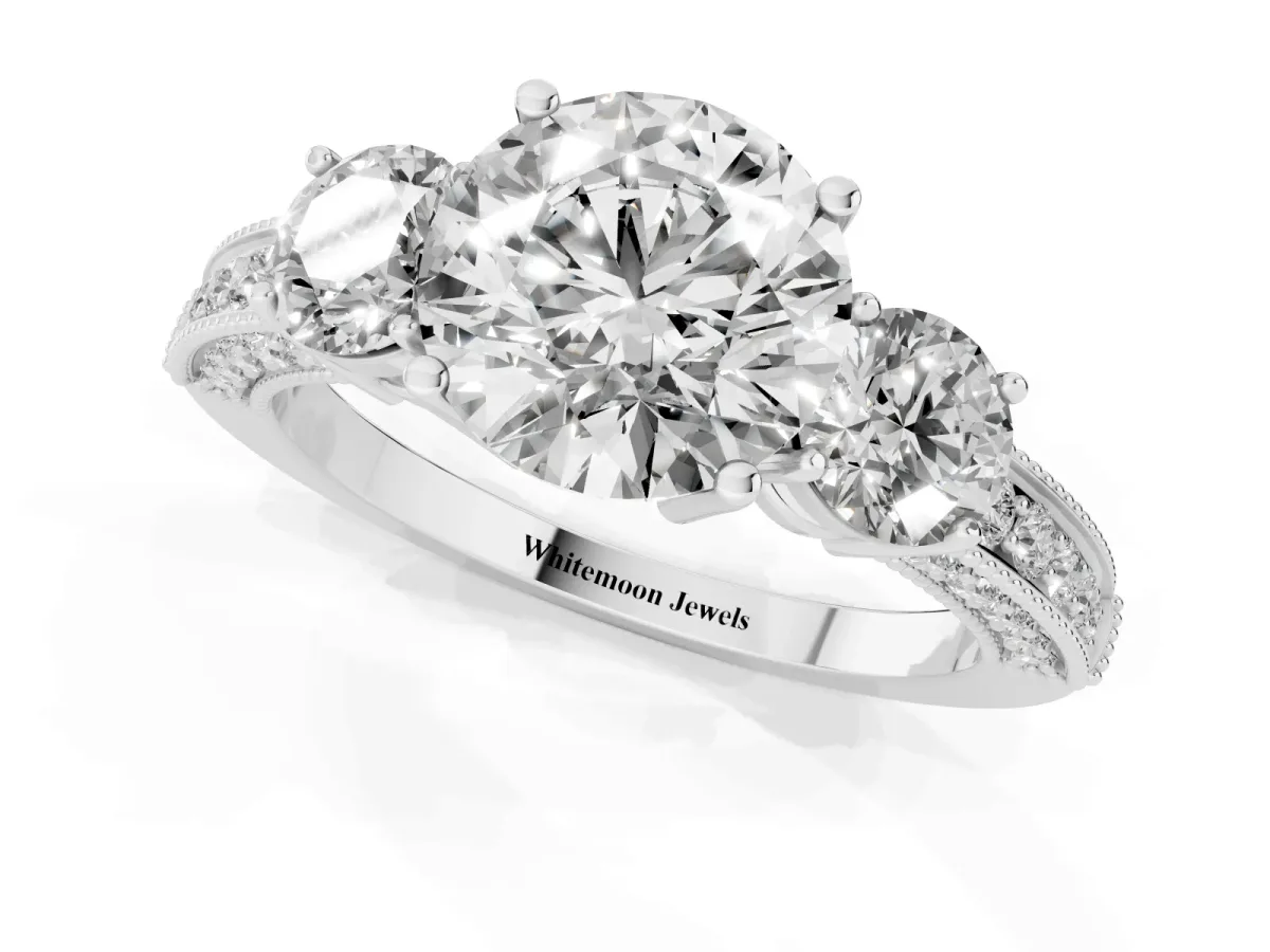 Round Cut Three-Stone Diamond Ring with Pavé Band and Four-Prong Setting Silver