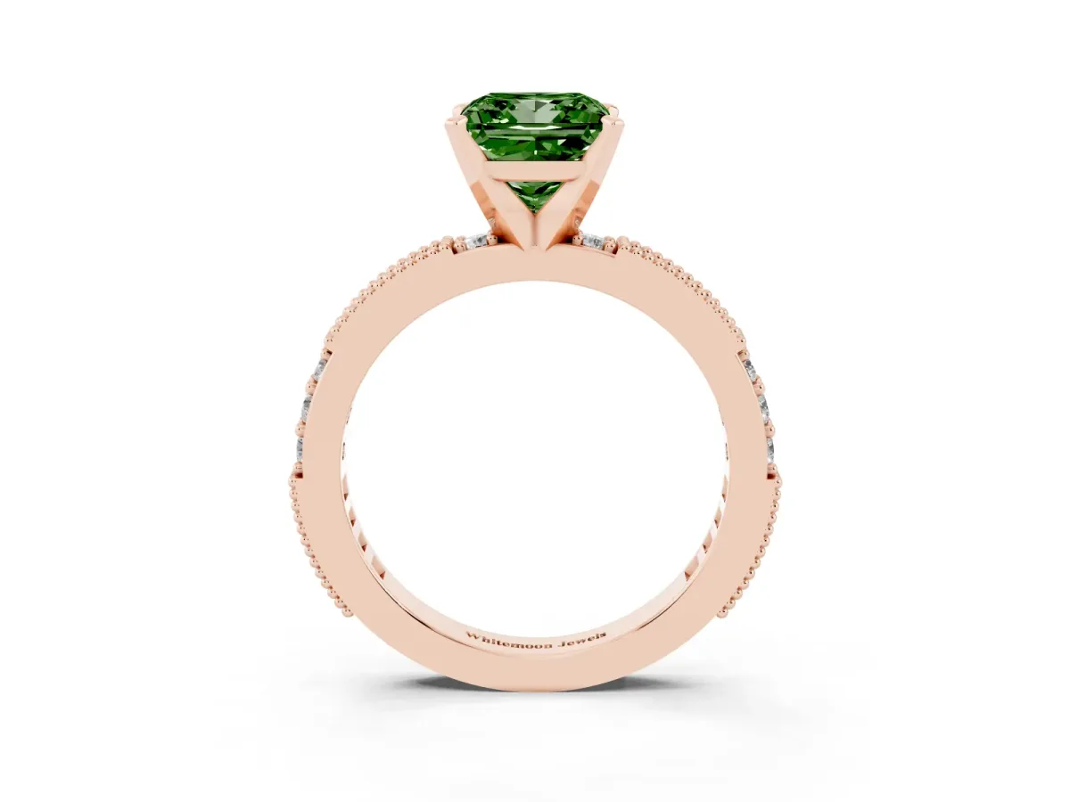 Fancy Green Princess Cut Solitaire with Pavé Band and Four-Prong Setting Rose gold