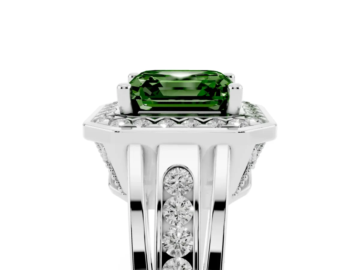 Fancy Green Asscher Cut Diamond Halo Ring with Split Shank and Bezel Accents and Prong Setting Silver